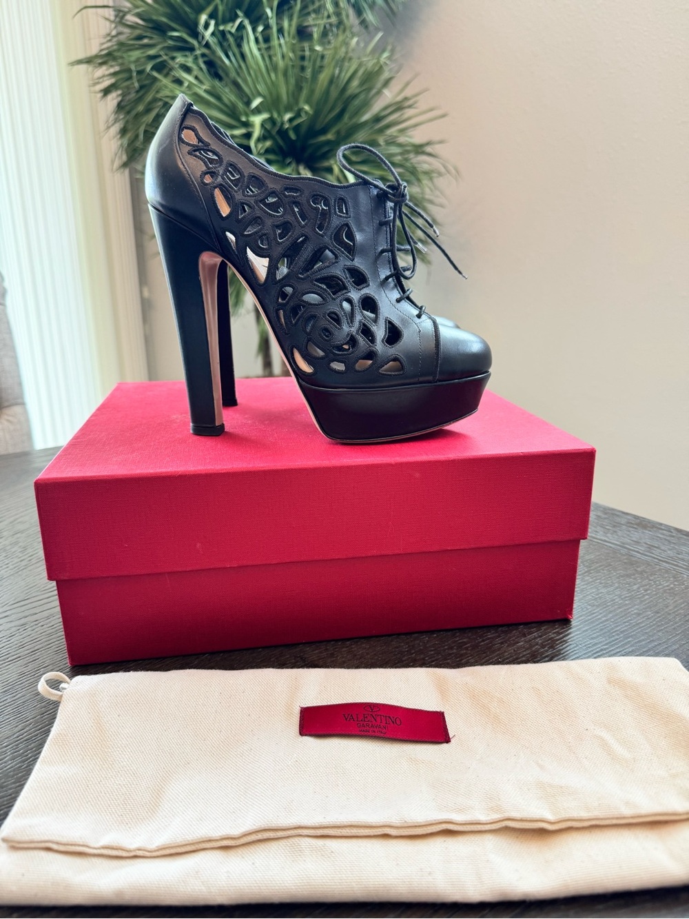 Valentino Black Laser-Cut Lace-Up Platform Heel Booties 38
